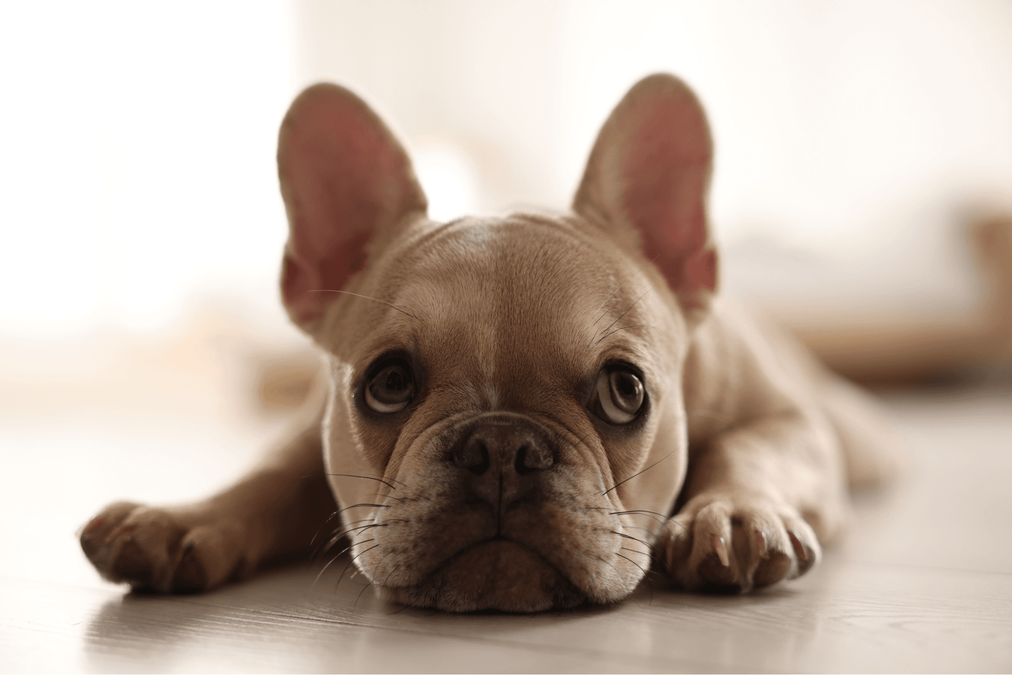 Fawn French Bulldog lying flat on the floor.
