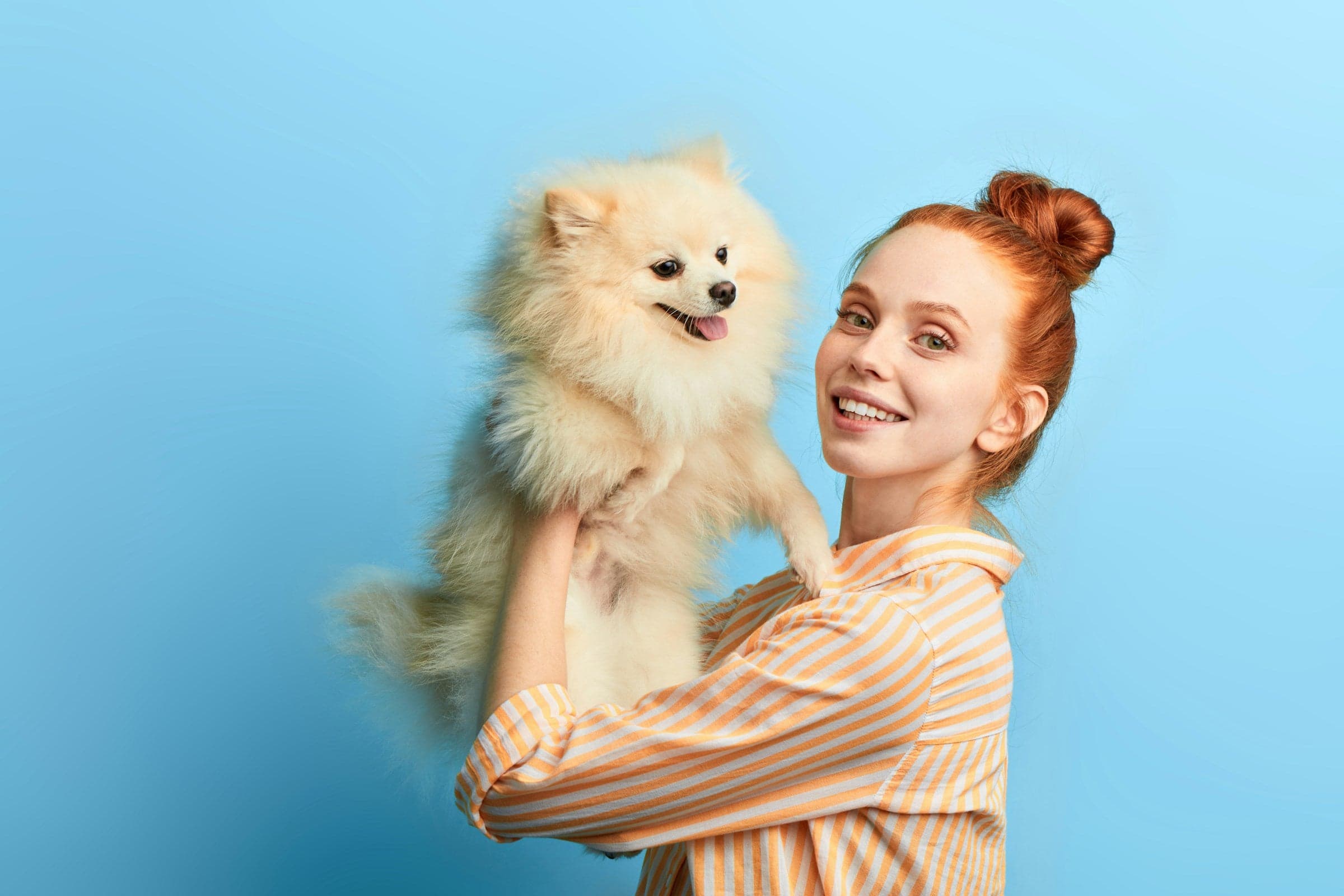 woman holding fluffy pomeranian dog