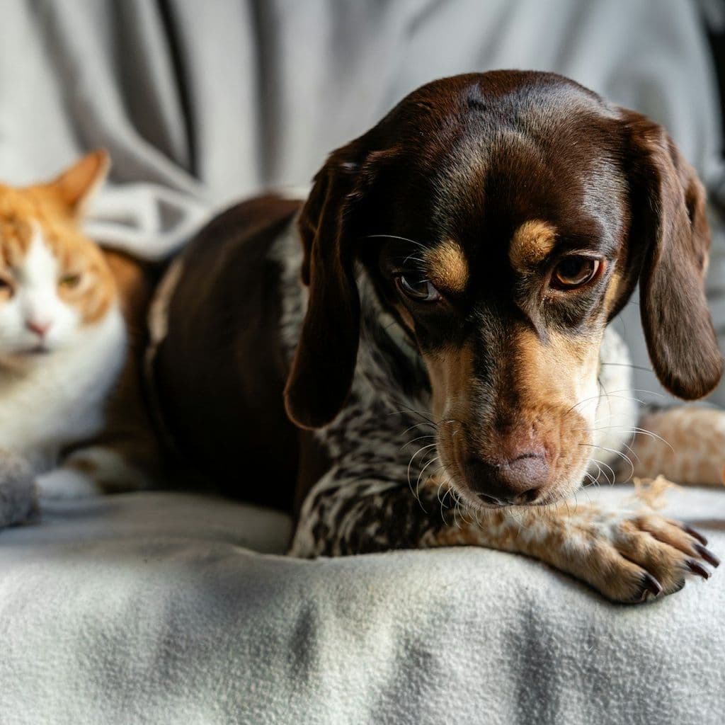 A brown and white dog lying on a blanket next to an orange and white cat.