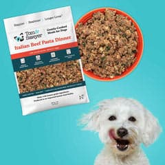 Image of Bichon Frise licking it's lips, with Tom&Sawyer's Italian Beef Pasta Dinner in frame as well.