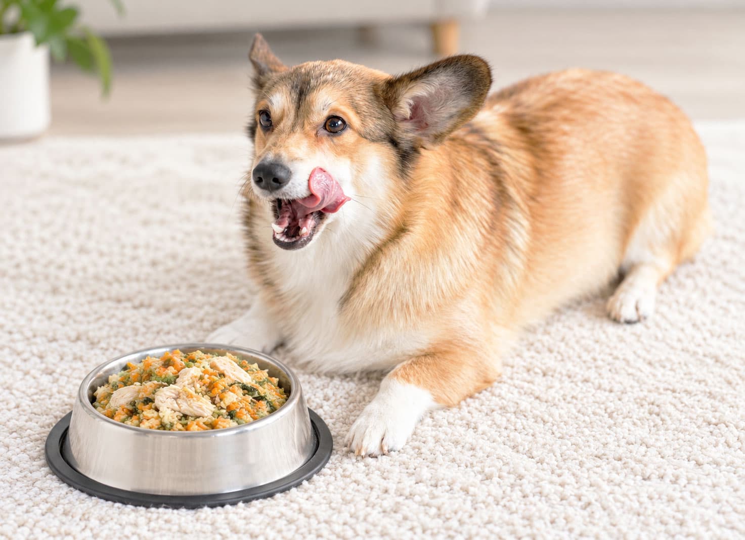 Corgi Dog Enjoying Tom&Sawyer Thai Coconut Chicken & Rice Recipe