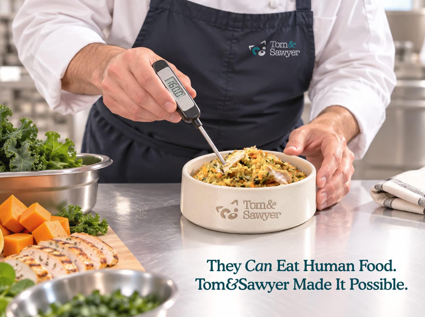 Chef checks temperature of gently cooked pet food