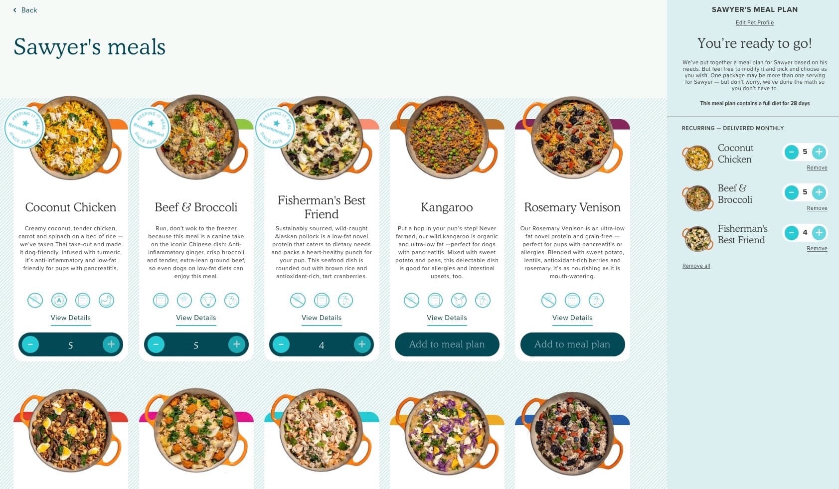 The Tom&Sawyer online meal plan builder, showing a pet's recommended meals