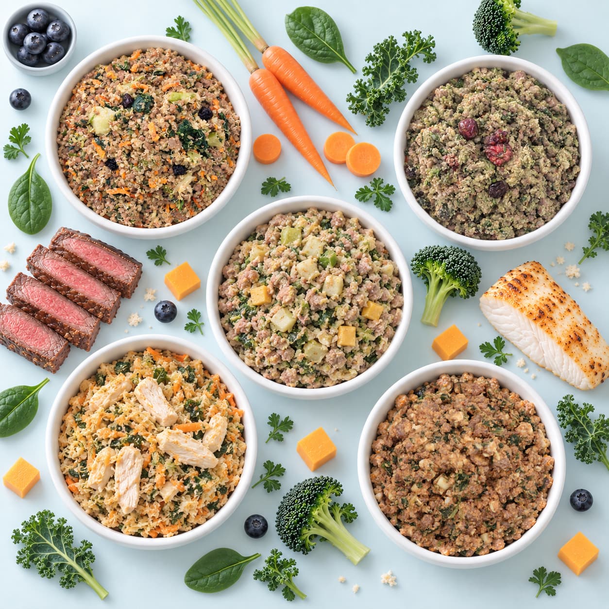 Five bowls of Tom&Sawyer gently cooked meals with fresh carrots, broccoli, kale, steak, fish and blueberries