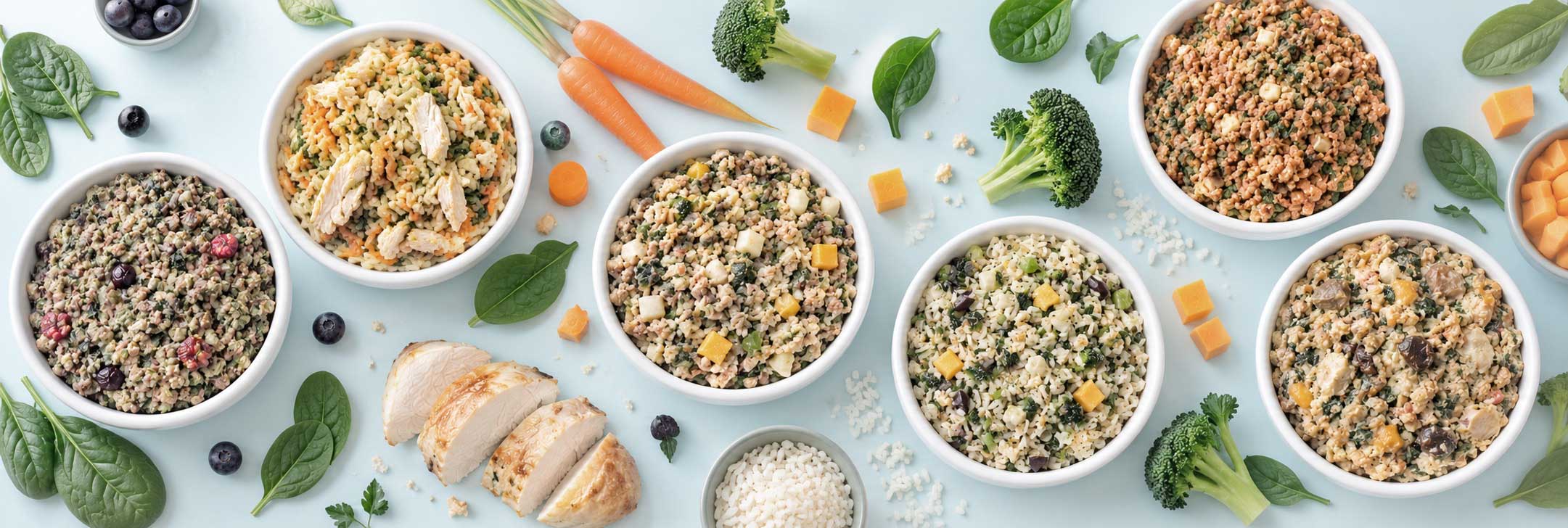 Bowls of Tom&Sawyer gently cooked meals with fresh vegetables, chicken and berries