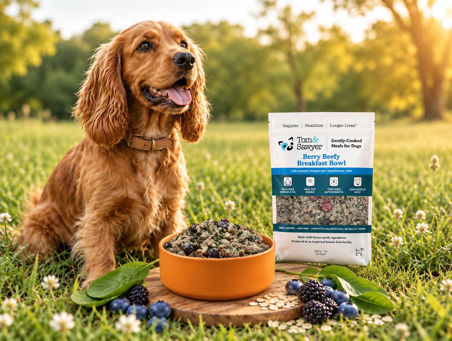 A happy dog sits in front of a bowl of gently cooked dog food.