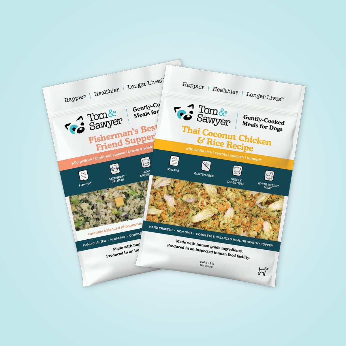Two Tom&Sawyer pet meal packages that are low fat recipes