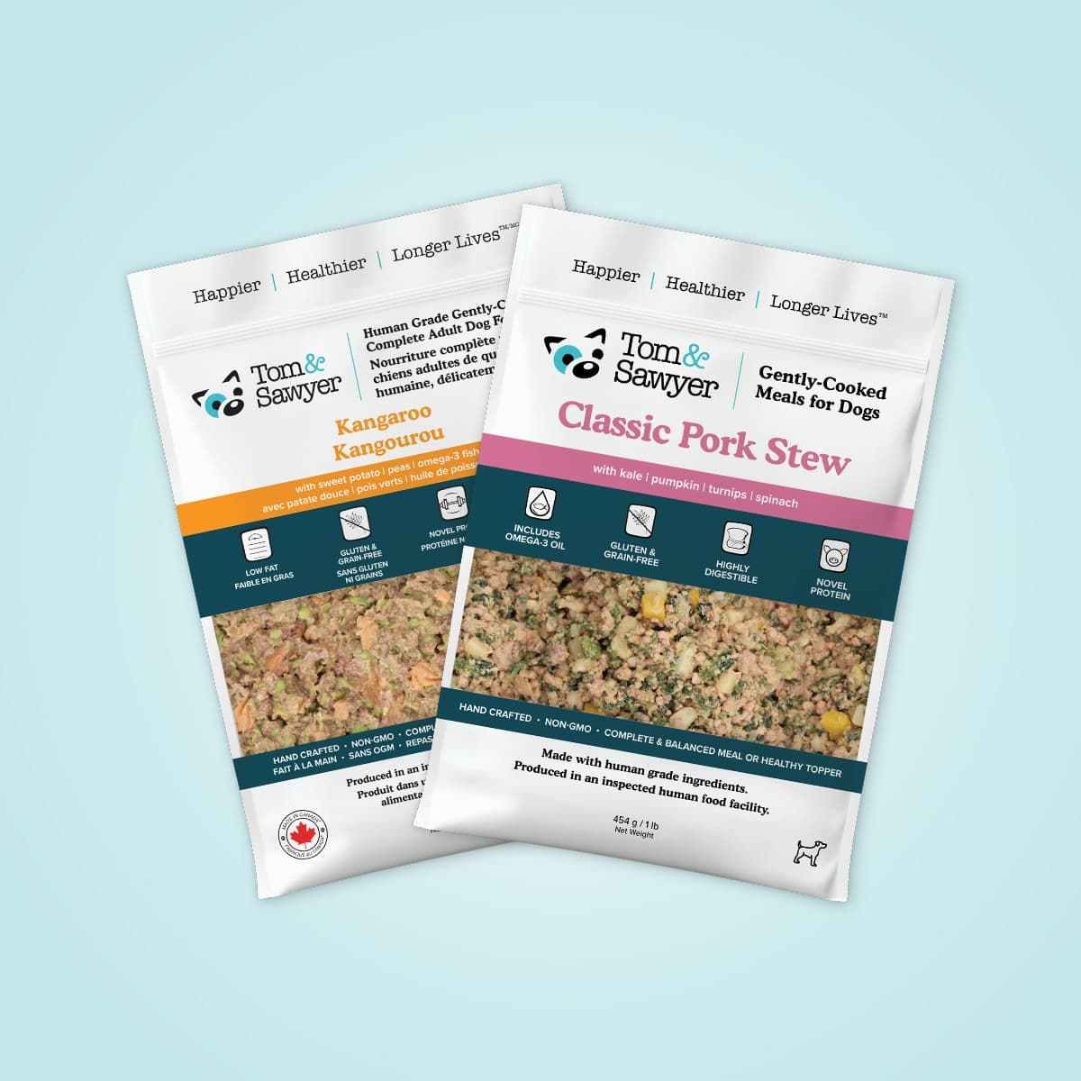 Two Tom&Sawyer pet meal packages that are allergy safe